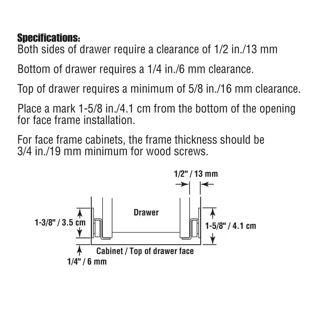 Self-Closing Design -Fits Most Bottom/ Side-Mounted Drawer Systems -15-3/4" Steel Tracks, Plastic Wheels, White (1-Pair)