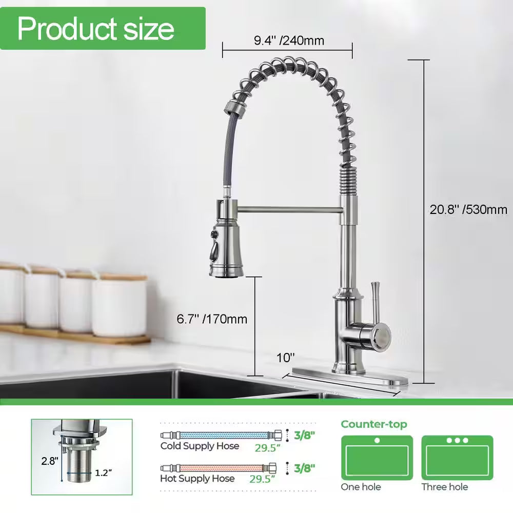 Spring Single-Handle Pull-Down Sprayer Kitchen Faucet with 3 Spray Mode in Stainless Steel Brushed Nickel