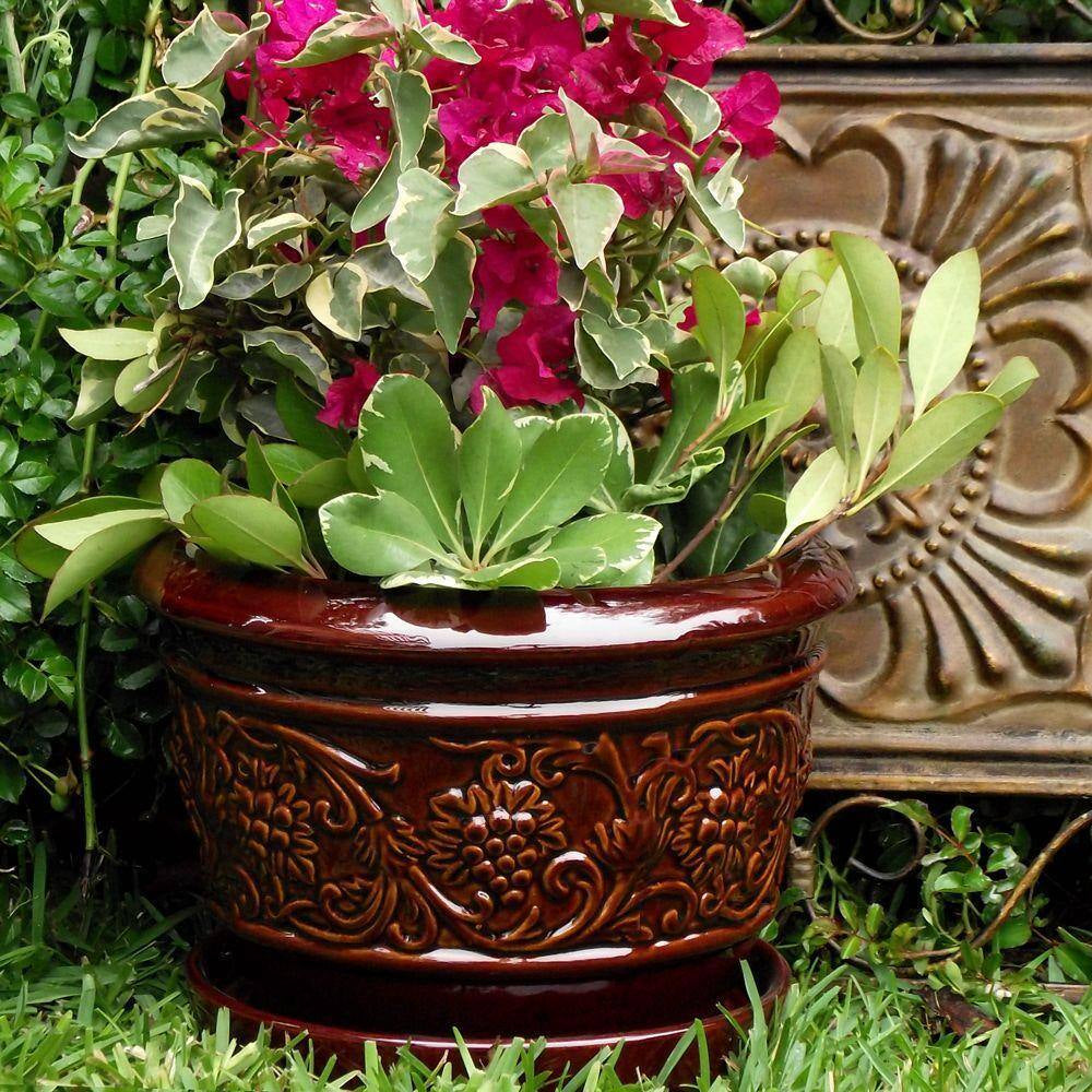 8 In. Dia Brown Rustic Damask Ceramic Planter