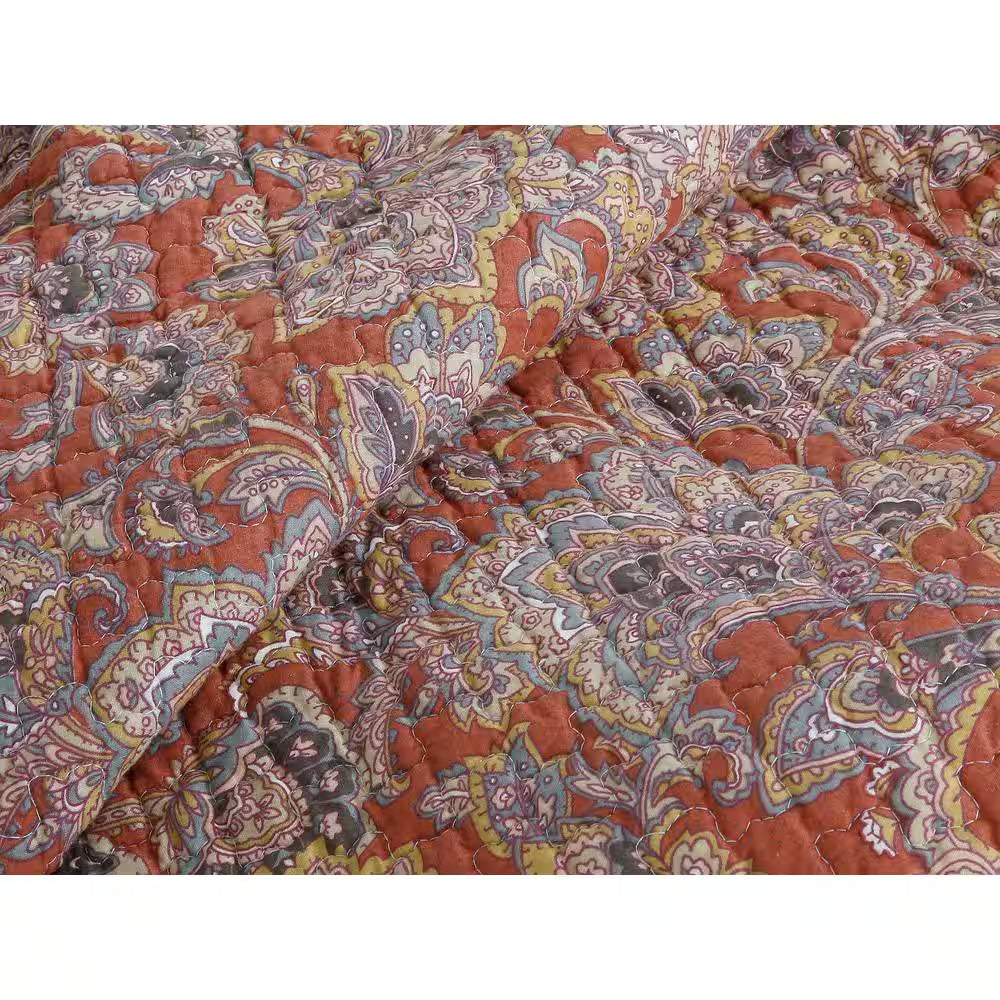Vintage Rustic Bronze Country Paisley Fall Floral 3-Piece Copper Gray Red Orange Beige Cotton King Quilt Bedding Set