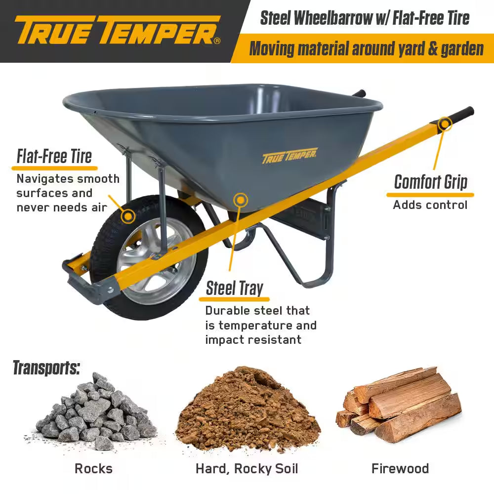 6 Cu. Ft Steel Wheelbarrow with Flat Free Tires and Metal Handles