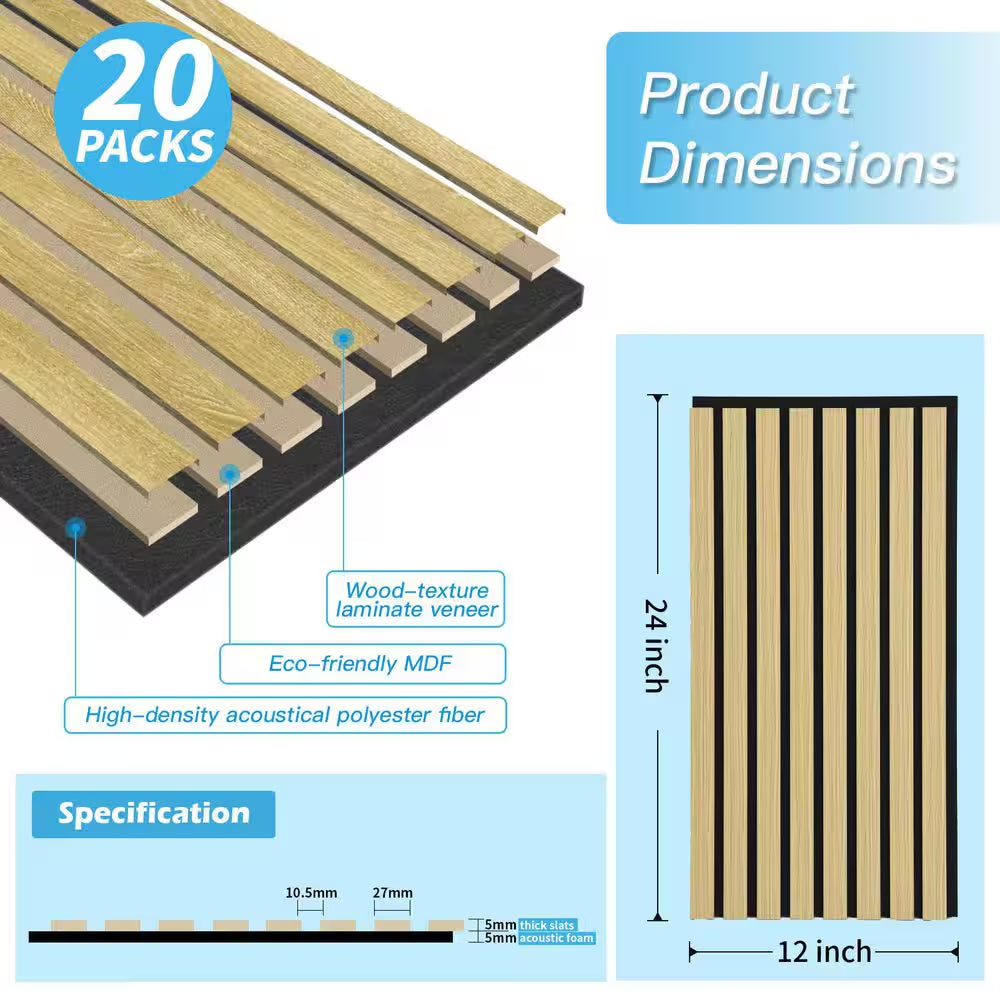 2/5 In. X 1 Ft. X 2 Ft. Yellow Oak MDF Decorative Acoustic Wall Paneling, 3D Soundproof Slat Wall Panels (20-Pack)