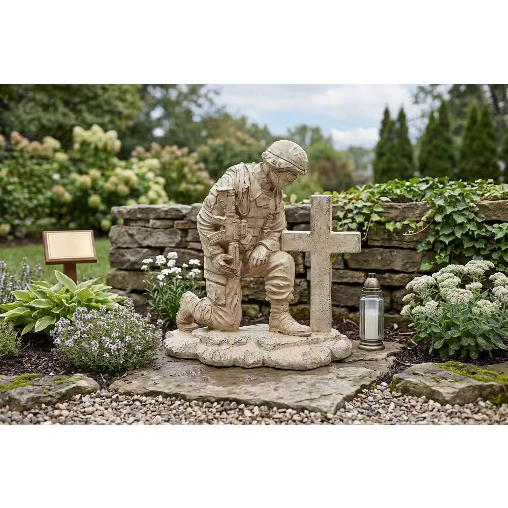 Kneeling Soldier at Cross Concrete Garden Statue