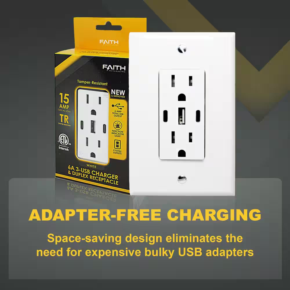 USB Receptacle Outlet White, 15A 30W with 2 Type C, 1 Type a USB Charger and Standard Wallplate
