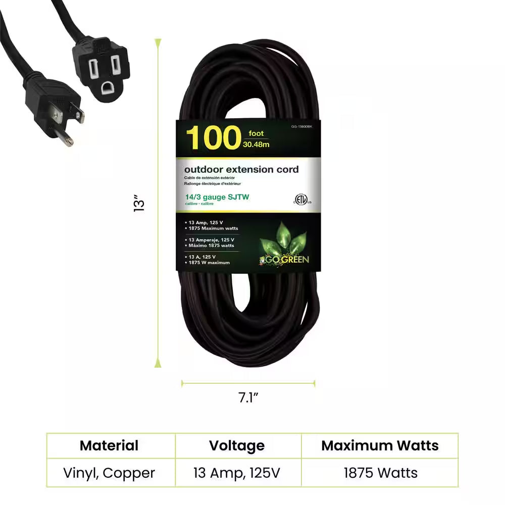 100 Ft. 14/3 SJTW Outdoor Extension Cord - Black