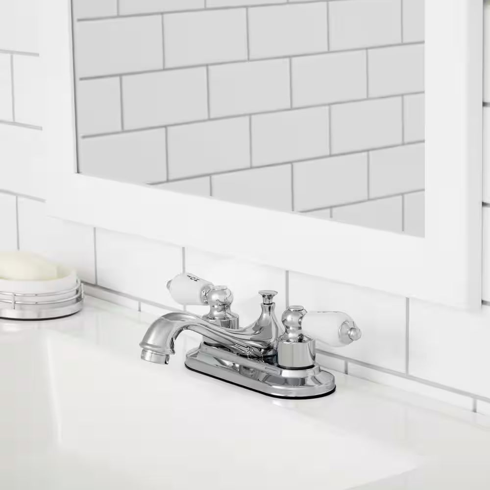 Teapot 4 In. Centerset Double-Handle Low-Arc Bathroom Faucet in Polished Chrome