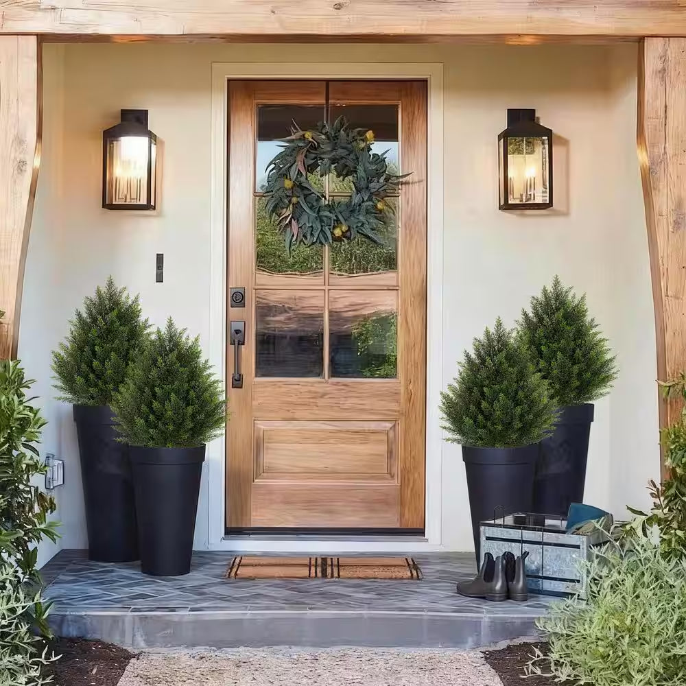 2-Sets 2 Ft. Artificial Cedar Bush Shrubs with Ground Stake Indoor Outdoor UV Resistant Fake Plant Garden Entryway Decor