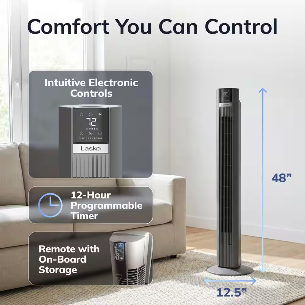 48 In. 12-Speed Oscillating Tower Fan in Gray, Quiet Operation, DC Motor, Remote Control and 12-Hour Timer, 12 In. Dia