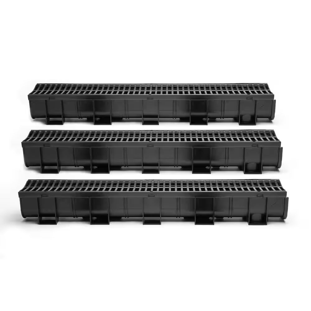 Deep Series 5.4 In. W X 5.4 In. D X 39.4 In. L Trench and Channel Drain Kit with Black Grate (3-Pack : 9.8 Ft)