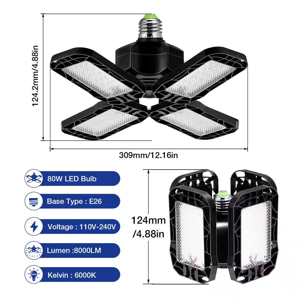 80-Watt Black Deformable Adjustable LED Garage Light Ceiling Flush Mount Lighting 4-Leaf 6000K Daylight White (2-Pack)