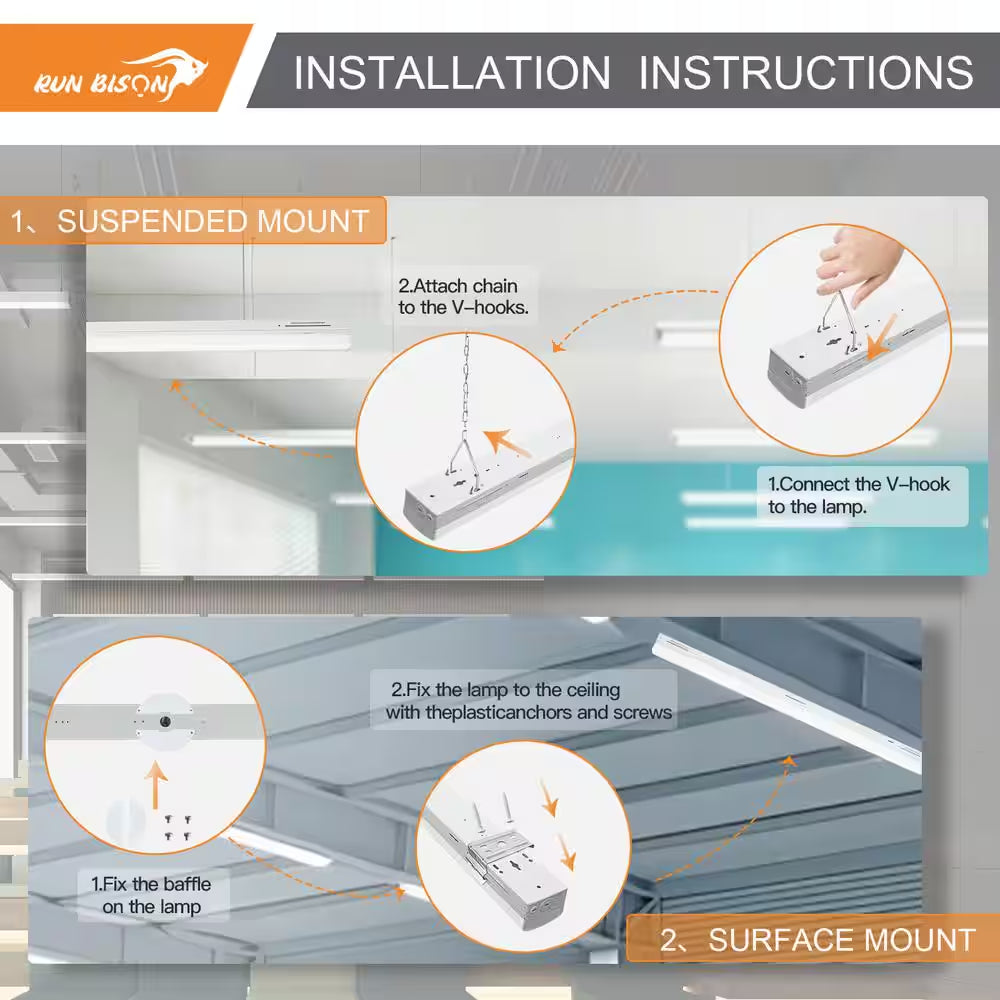 8 Ft.. 90-Watt Integrated LED Linear Strip Light Fixture Shop Light 8450/9750/11700 Lumens 3500/4000/5000K (4-Pack)