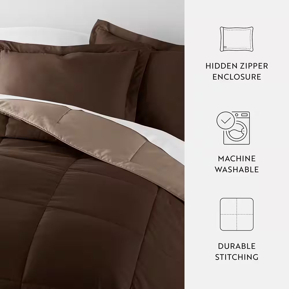 Taupe and Chocolate Microfiber down Alternative Full / Queen Reversible Comforter Set