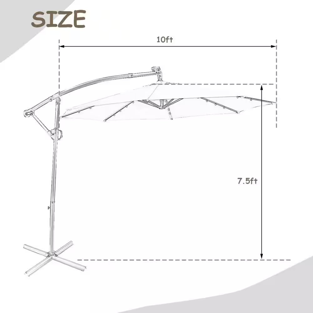 10 Ft. Aluminum Offset Cantilever Solar Tilt Patio Umbrella LED Lights 360-Degrees Rotation Tan