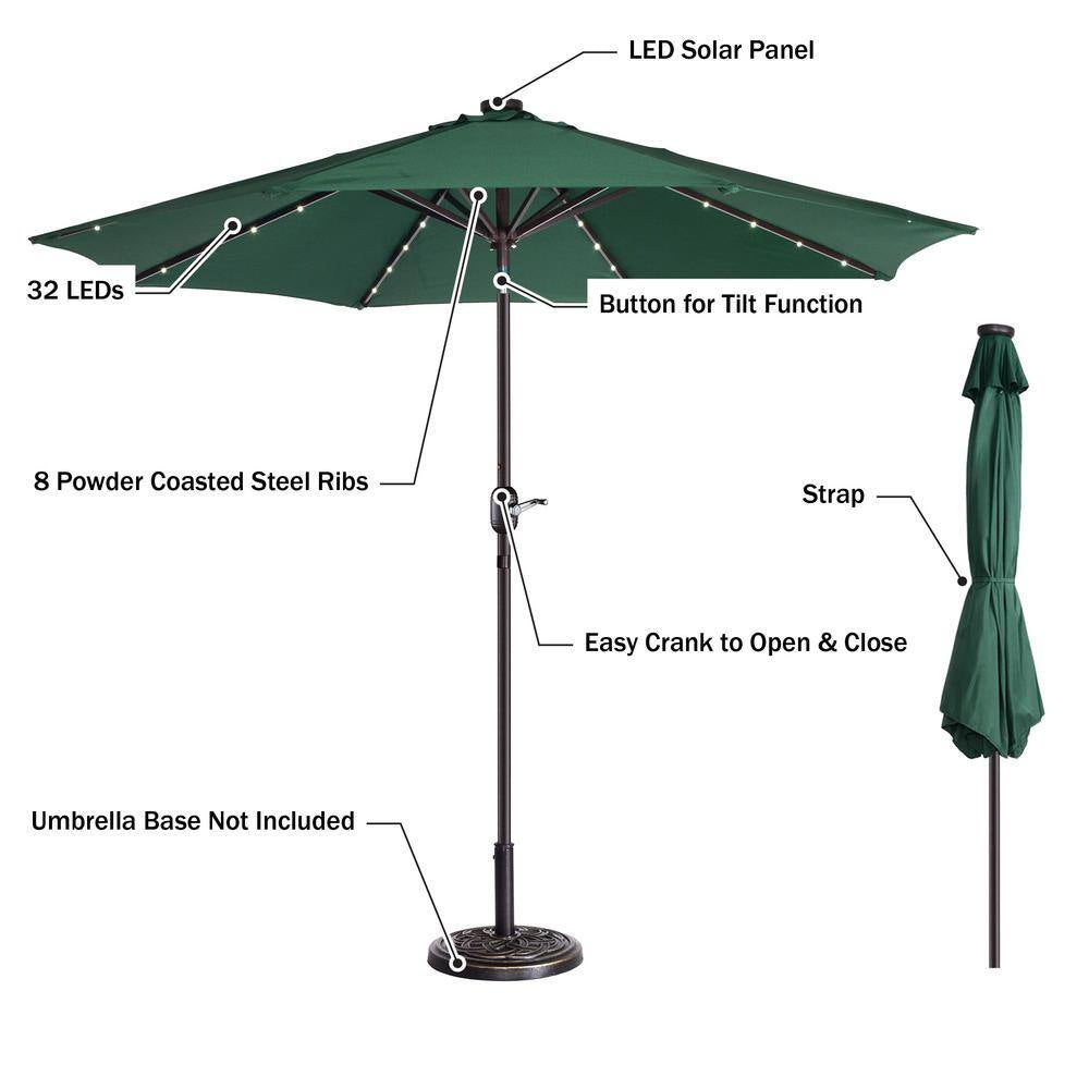 9 Ft. Steel Solar LED Lighted Patio Market Umbrella with Auto Tilt, Easy Crank Lift in Green