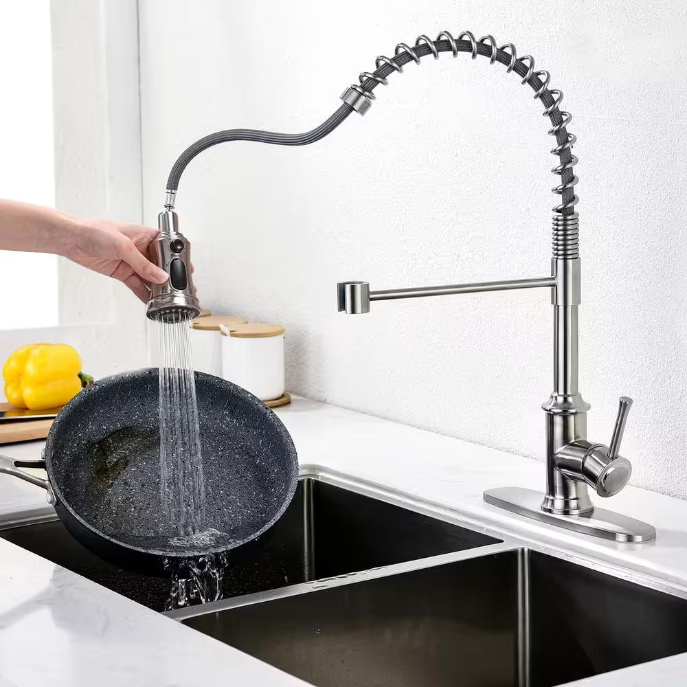 Spring Single-Handle Pull-Down Sprayer Kitchen Faucet with 3 Spray Mode in Stainless Steel Brushed Nickel