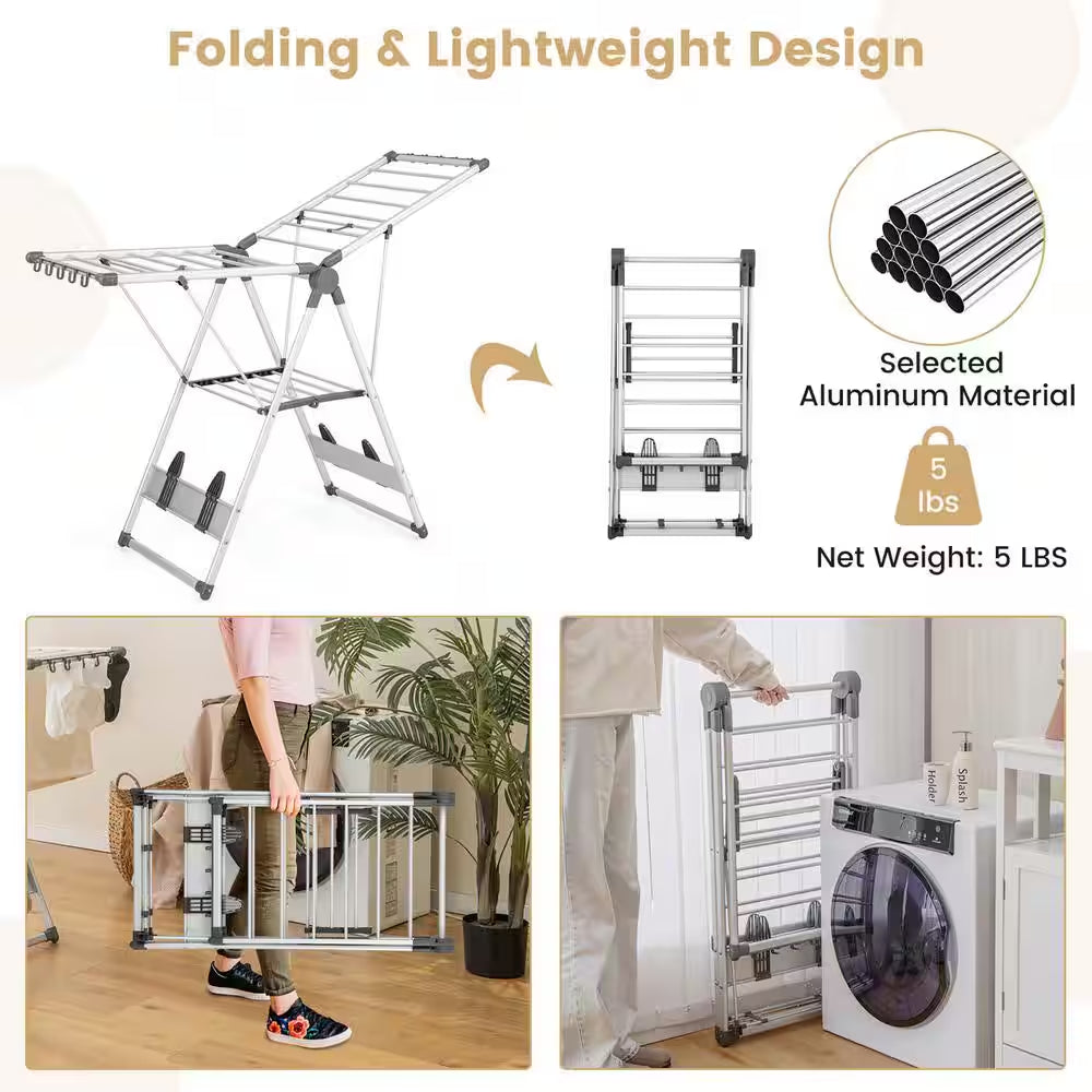 2-Layer Space-Saving Gray Metal Free Standing Drying Rack Collapsible Clothes Drying Rack