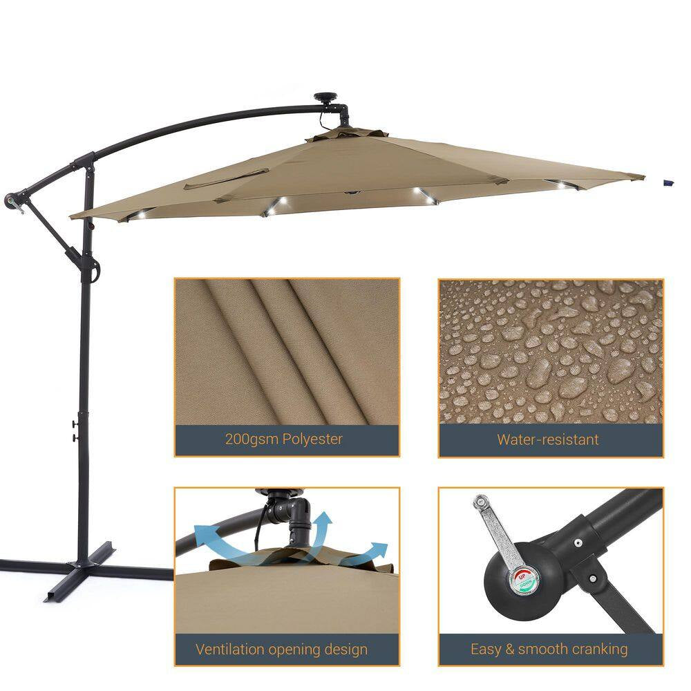 10 Ft. Patio Offset Solar LED Umbrellas 50 plus UV Protection Cantilever outside Umbrellas, Taupe