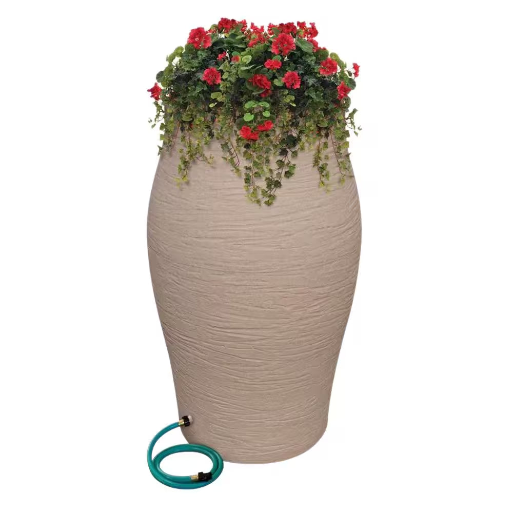 50 Gal. Sandstone Water Urn Flat-Back Rain Barrel with Integrated Planter and Diverter Kit