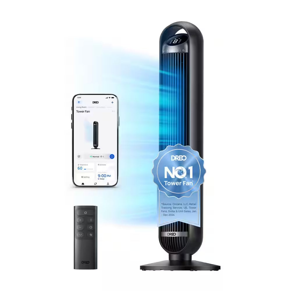 36 In. Smart Tower Fan, 8 Speed, DC Motor, 25 DB Quiet, 90° Oscillating with Remote and Wi-Fi Voice Control in Black