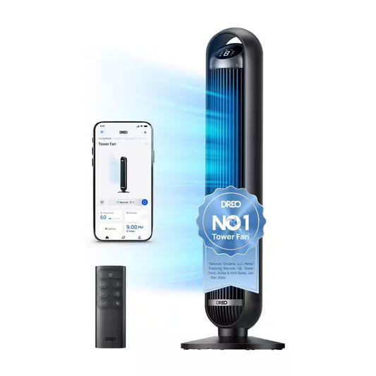 36 In. Smart Tower Fan, 8 Speed, DC Motor, 25 DB Quiet, 90° Oscillating with Remote and Wi-Fi Voice Control in Black