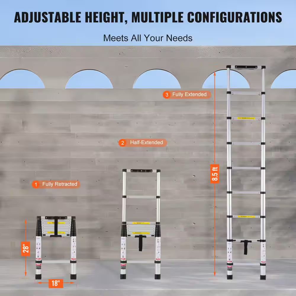 Telescoping Ladder, 8.5 Ft. Aluminum Lightweight Extension Ladder, 1-Button Retraction Collapsible Ladder