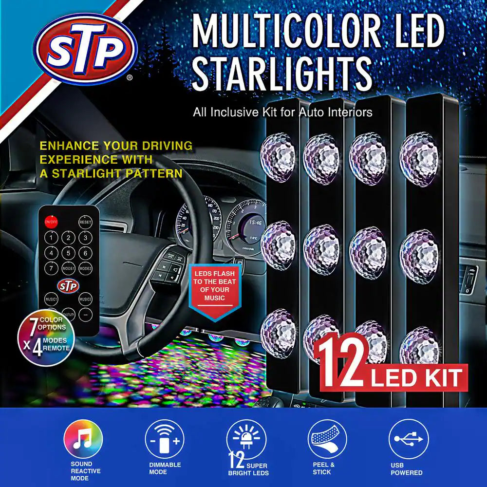 Multi-Color Car Interior LED Starlight Kit, Customizable, Sound-Reactive (4-Pack)