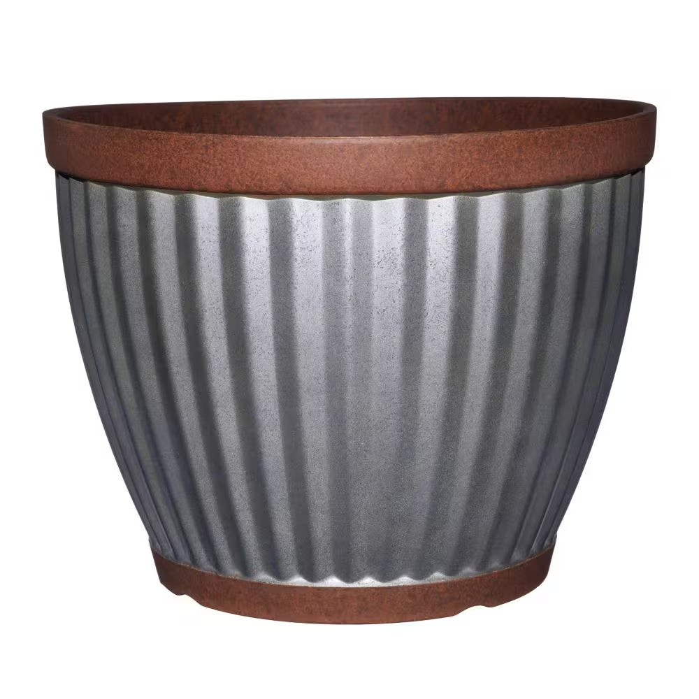 Spokane Medium Galvanized Resin round Planter with Copper Rim (16 In. L X 16 In. W X 12 In. H)