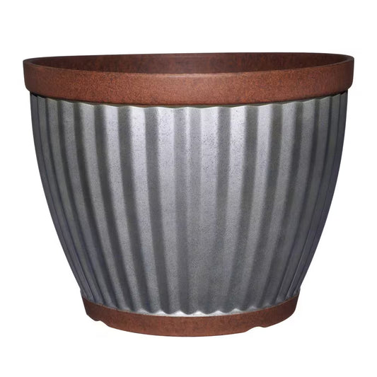 Spokane Medium Galvanized Resin round Planter with Copper Rim (16 In. L X 16 In. W X 12 In. H)