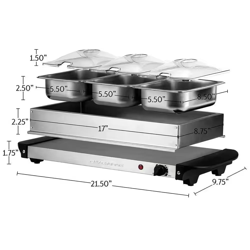 Electric Buffet Server and Food Warmer with 3 1.5 Qt. Pan and Stainless Steel Warming Tray