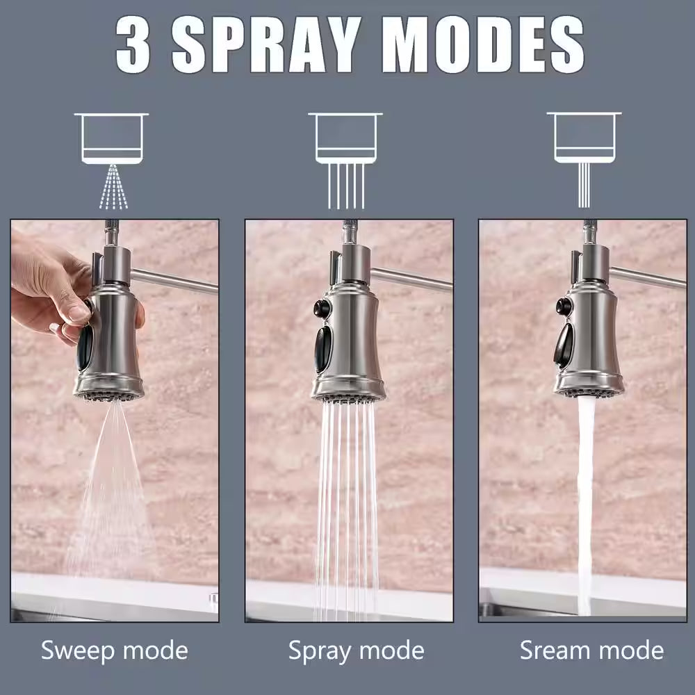 Spring Single-Handle Pull-Down Sprayer Kitchen Faucet with 3 Spray Mode in Stainless Steel Brushed Nickel