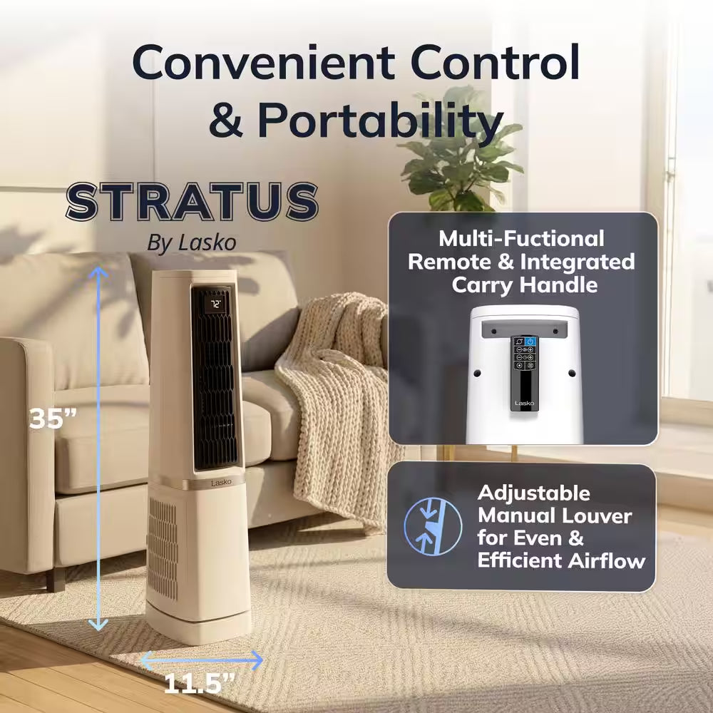 Stratus 35 In. 12-Speed High Velocity Oscillating Tower Fan in White with Quiet DC Motor, Remote, Timer, 11 In. Dia