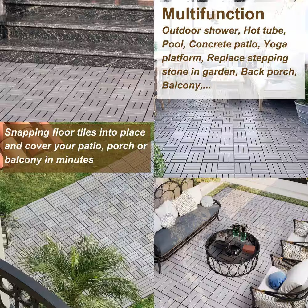 12 In. X 12 In. Wood Interlocking Flooring Tiles Indoor Outdoor Patio Garden Deck Poolside Balcony, 10-Pack, Gray