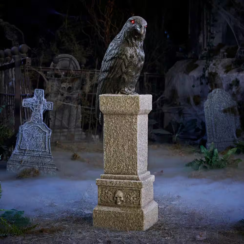 3 Ft Grave & Bones Hand Painted LED Perched Raven