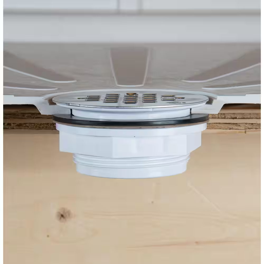 Round No-Caulk White PVC Shower Drain with 4-1/4 In. round Snap-In Stainless Steel Drain Cover