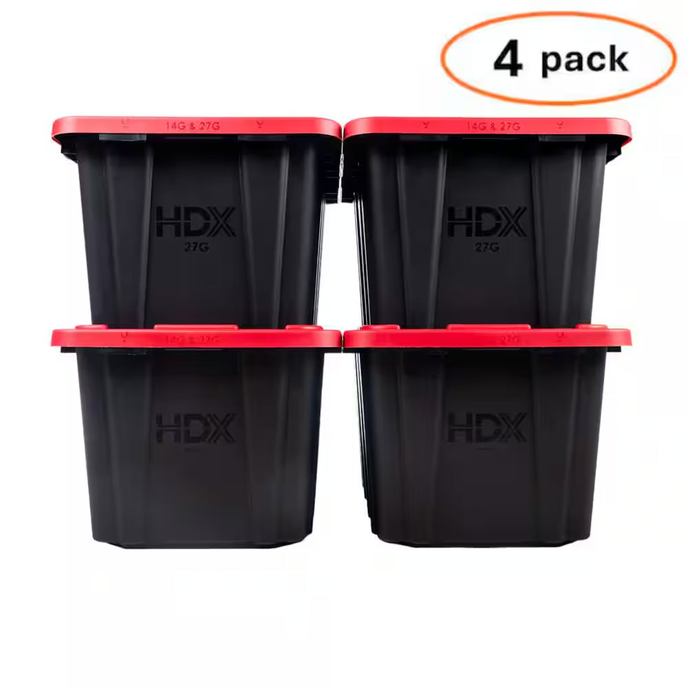 27 Gal. Tough Storage Tote in Black with Red Lid (4-Pack)