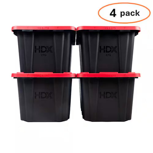 27 Gal. Tough Storage Tote in Black with Red Lid (4-Pack)