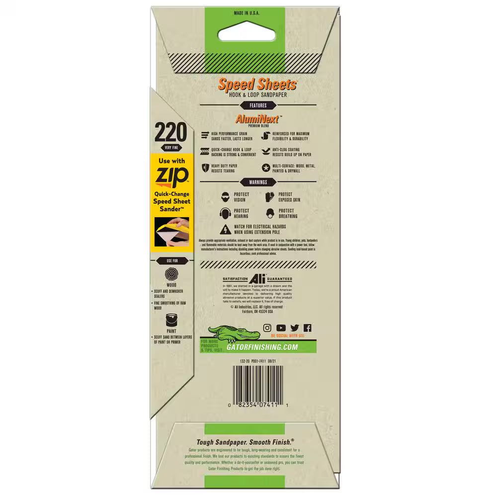 Aluminext Speed Sheets 3-2/3 In. X 9 In. 220 Grit Very Fine Hook and Loop Sand Paper (5-Pack)