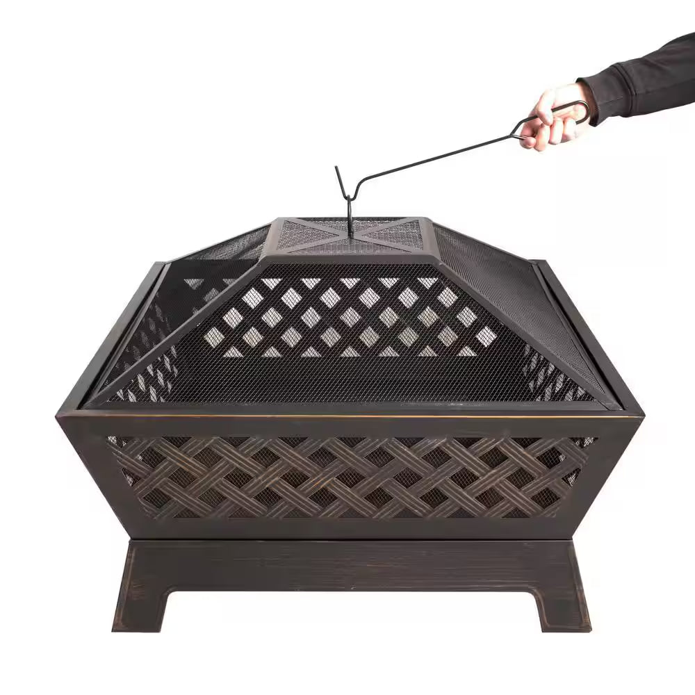 Tipton 34.00 In. W Rubbed Bronze Steel Wood Outdoor Fire Pit with Screen and Poker Included