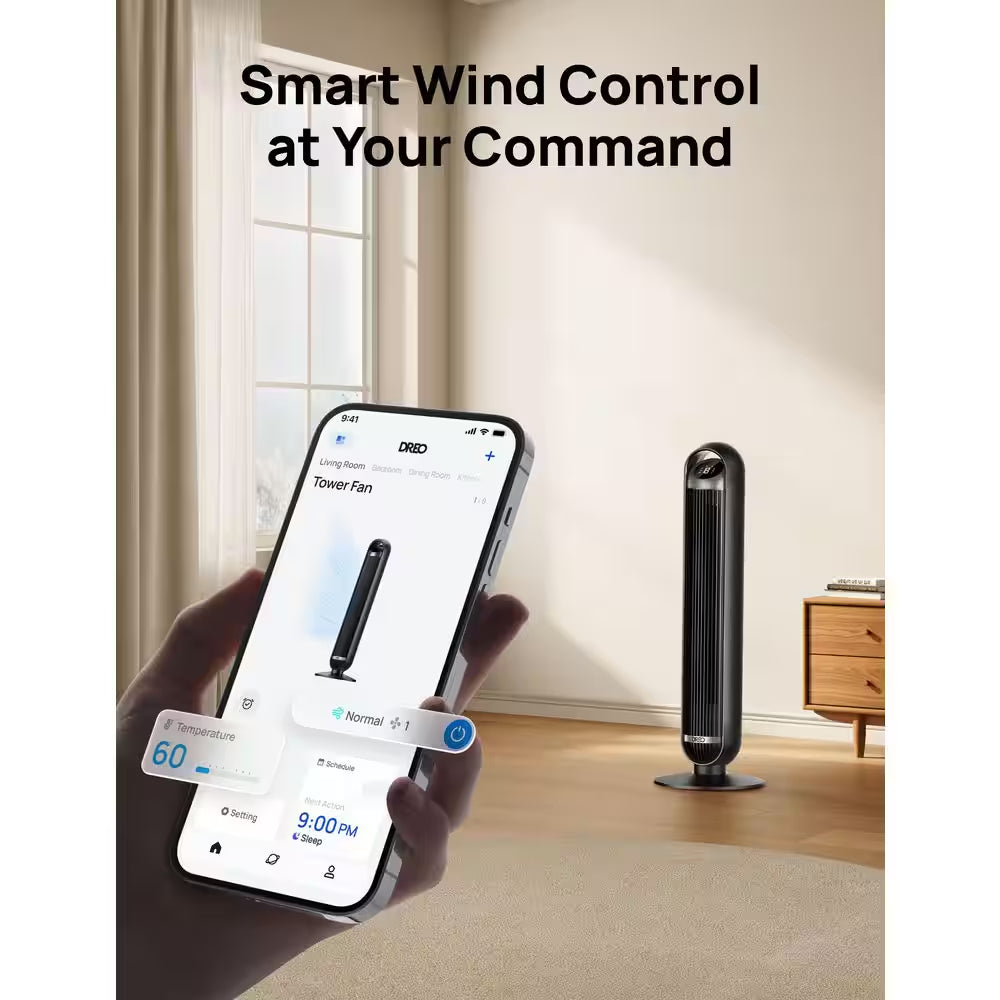 36 In. Smart Tower Fan, 8 Speed, DC Motor, 25 DB Quiet, 90° Oscillating with Remote and Wi-Fi Voice Control in Black