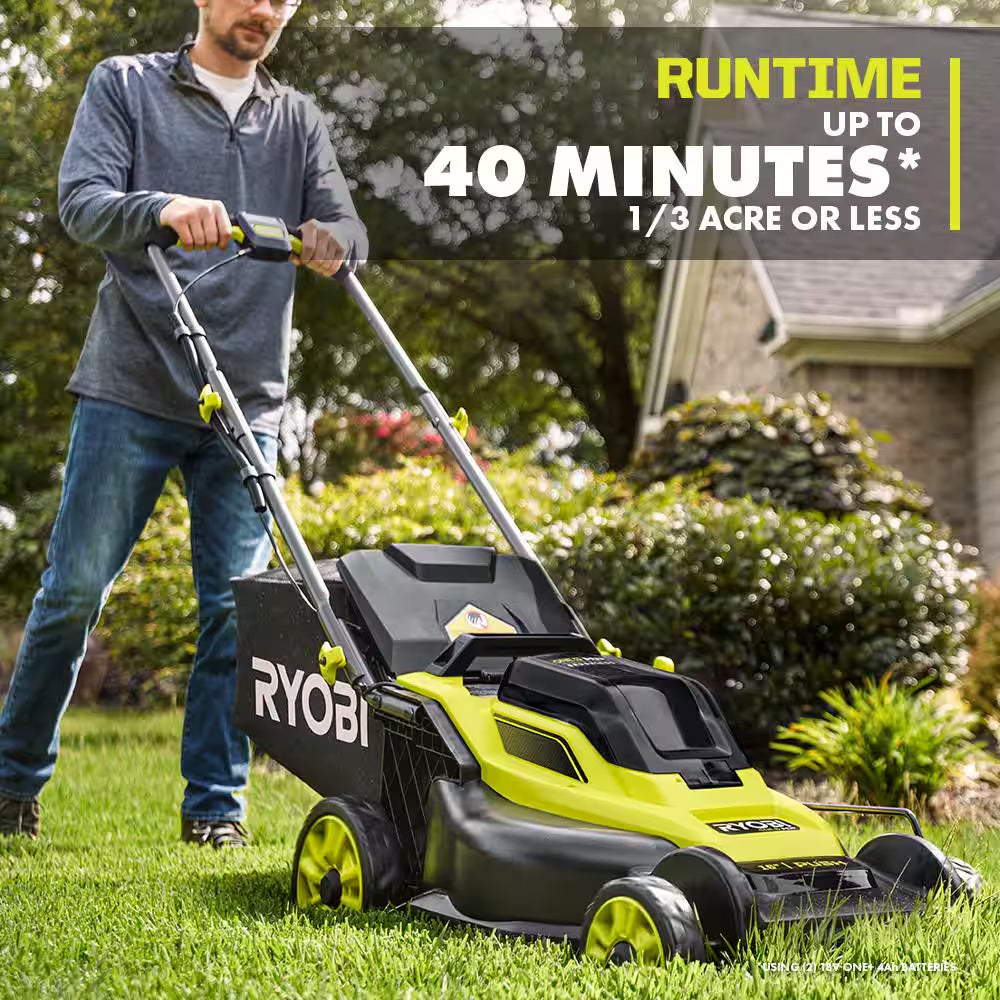 ONE+ HP 18V Brushless 16 In. Cordless Battery Walk behind Push Lawn Mower & Blower W/ (2) 4.0 Ah Batteries & (1) Charger