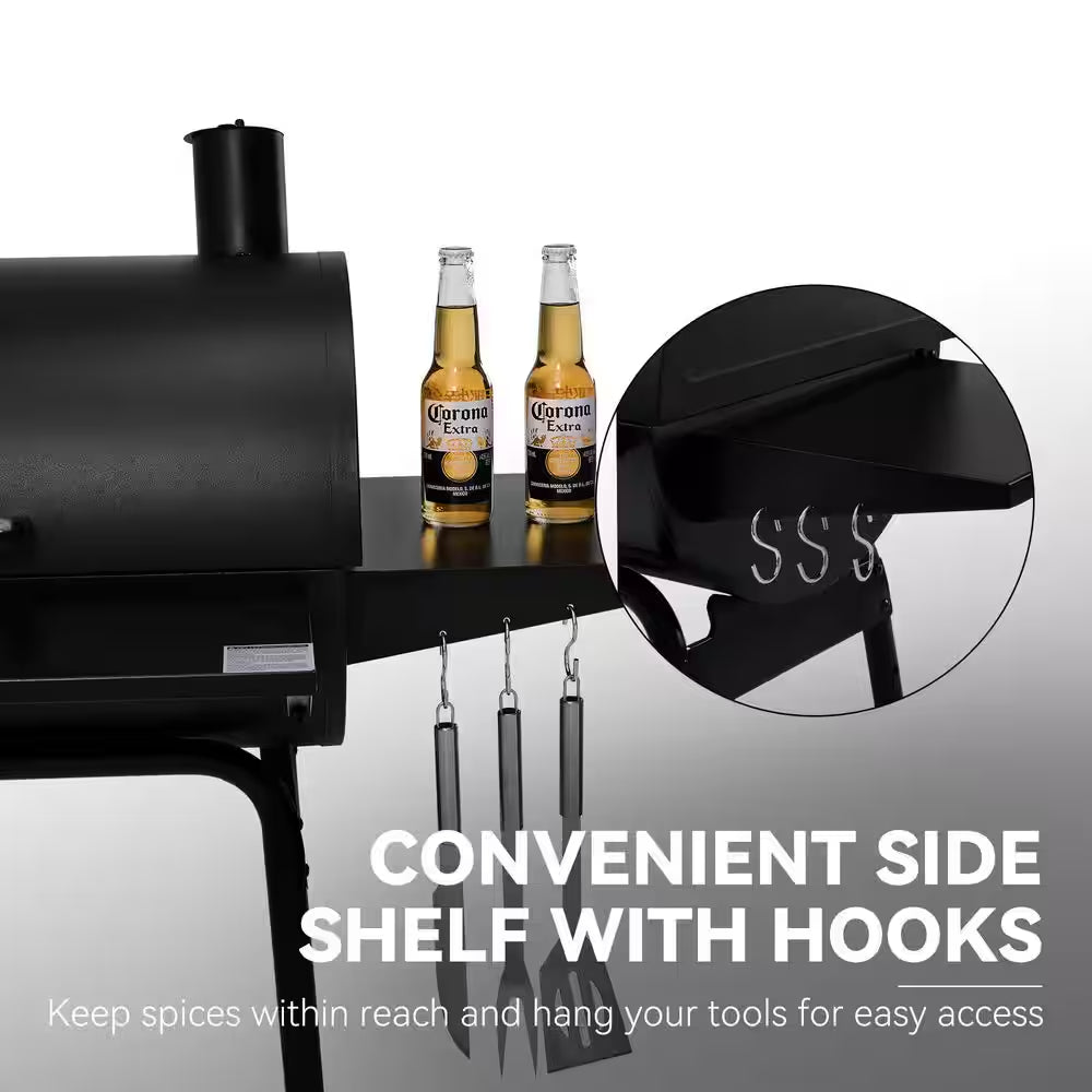 Charcoal Grill in Black with Offset Smoker and Side Table