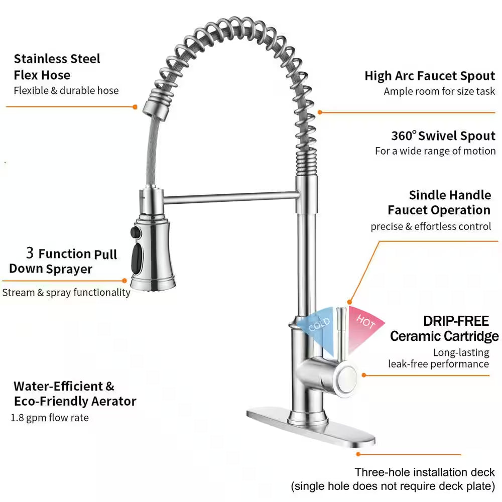 Spring Single-Handle Pull-Down Sprayer Kitchen Faucet with 3 Spray Mode in Stainless Steel Brushed Nickel