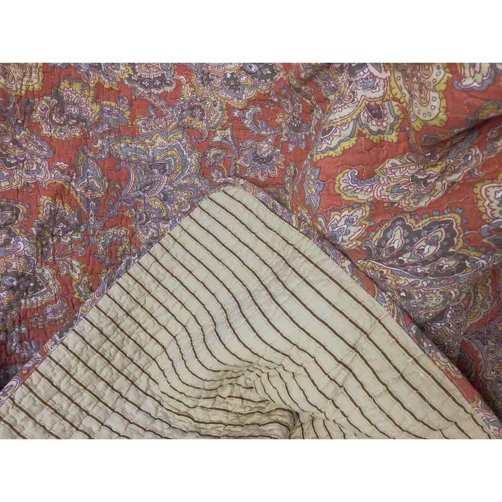 Vintage Rustic Bronze Country Paisley Fall Floral 3-Piece Copper Gray Red Orange Beige Cotton King Quilt Bedding Set