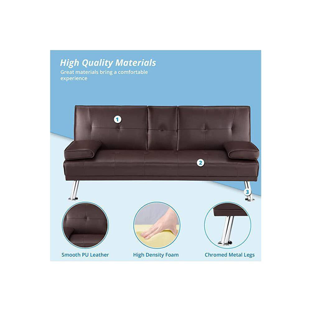 66 in Espresso Futon Sofa Mattress Faux Leather Couch with Armrest and 2-Cupholders Square Arm Rectangle with Metal Legs