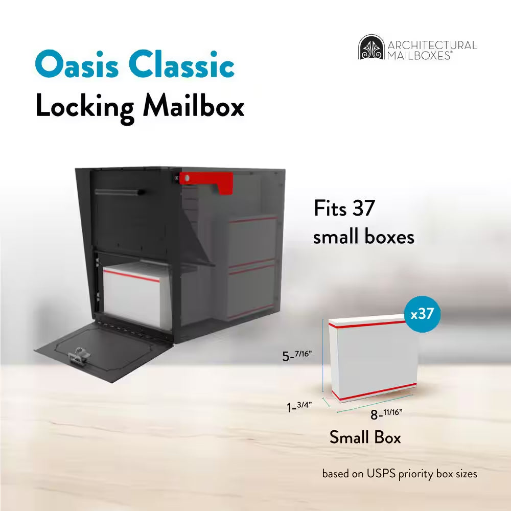 Oasis Classic Black, Extra Large, Steel, Locking, Post Mount Parcel Mailbox with High Security Reinforced Lock