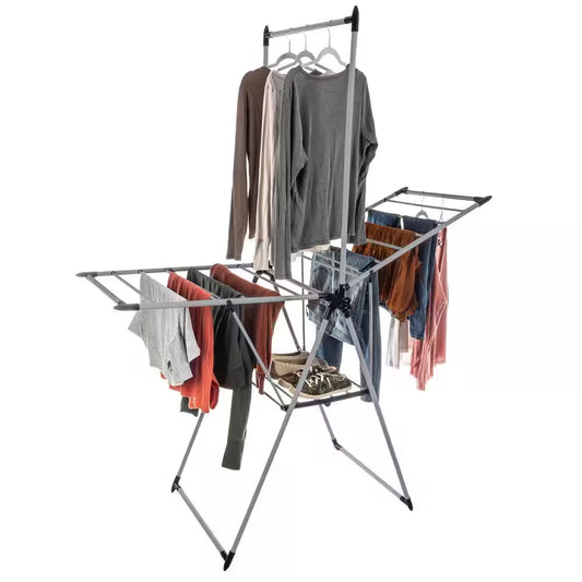 Clothes Drying Rack - 2-Level Laundry Drying Rack with 24 Drying Rails, Hanging Bar, and 2 Height-Adjustable Wings