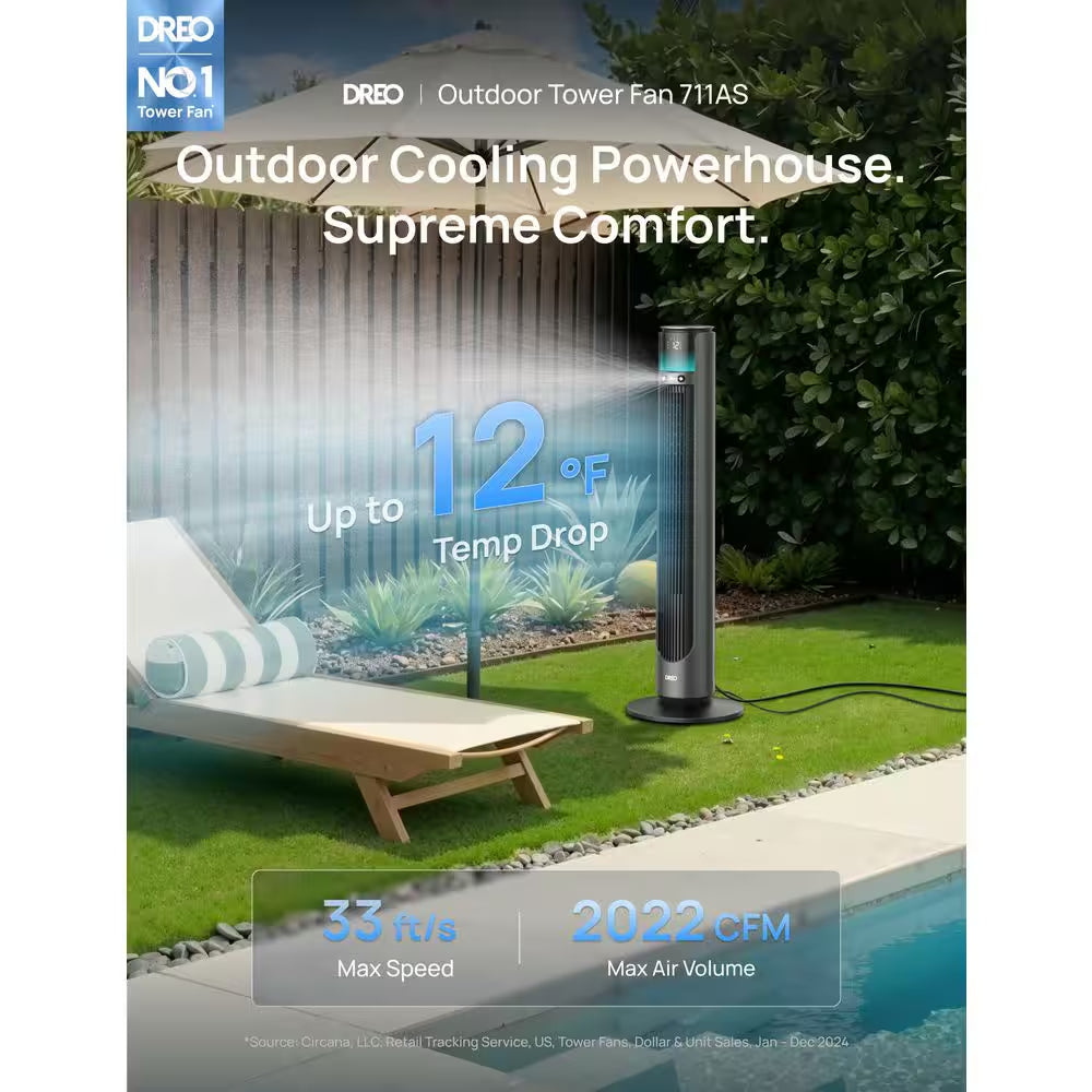 Outdoor Misting 42 In. 12-Fan Speeds Tower Fan in Black with Remote, 20 Ft. Mist, 150° Oscillation and UV Resistance