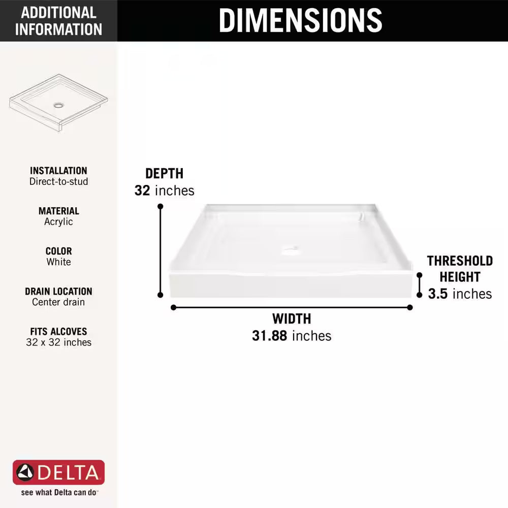 Classic 500 32 In. L X 32 In. W Alcove Shower Pan Base with Center Drain in High Gloss White