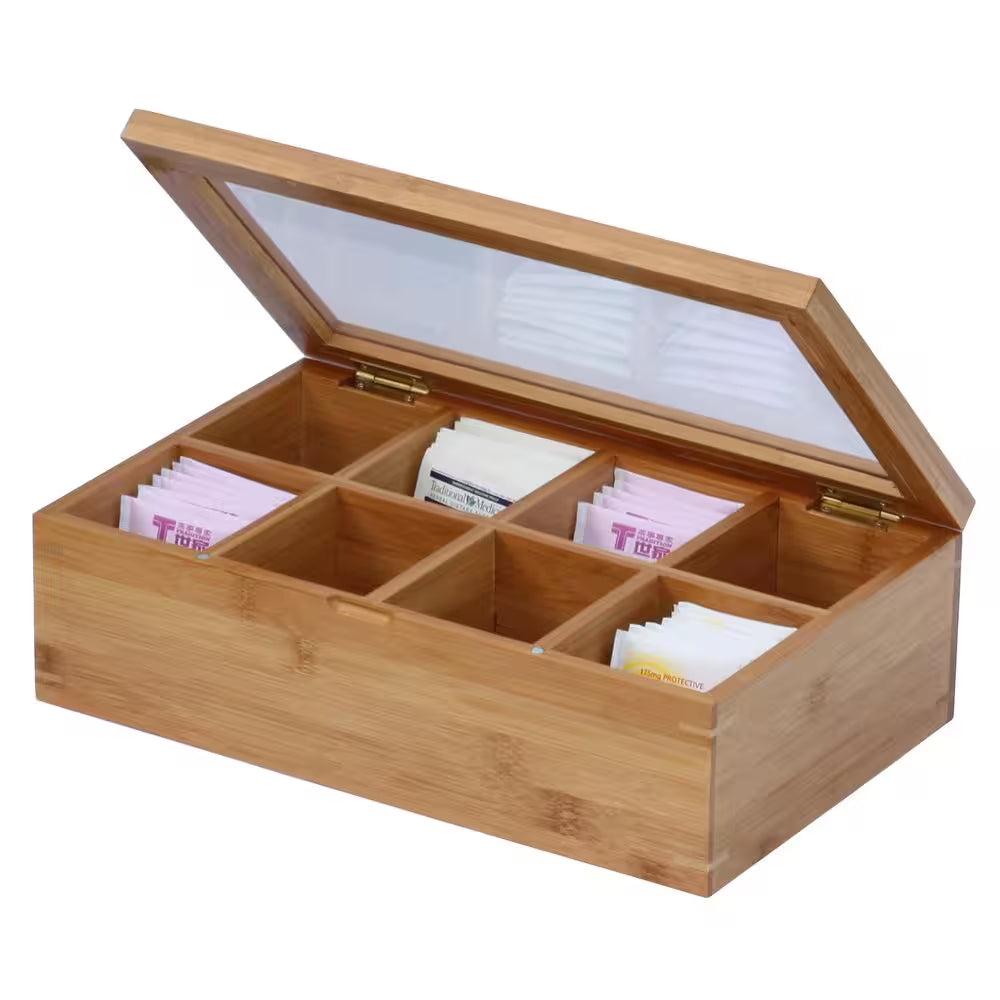 8-Compartment Bamboo Tea Box with Hinged Lid