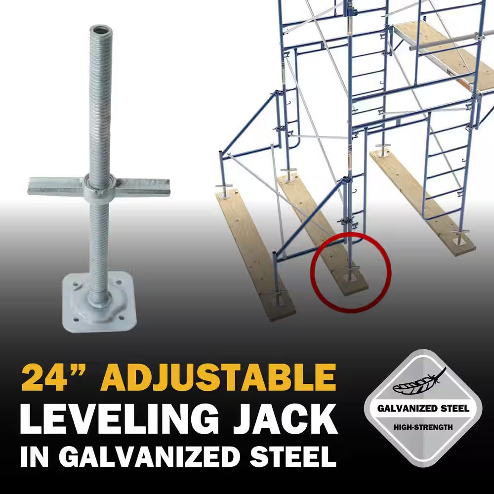 24-Inch Galvanized Steel Adjustable Leveling Jacks with Heavy-Duty Base Plate and Wing Nut Screw for Scaffolding Frames